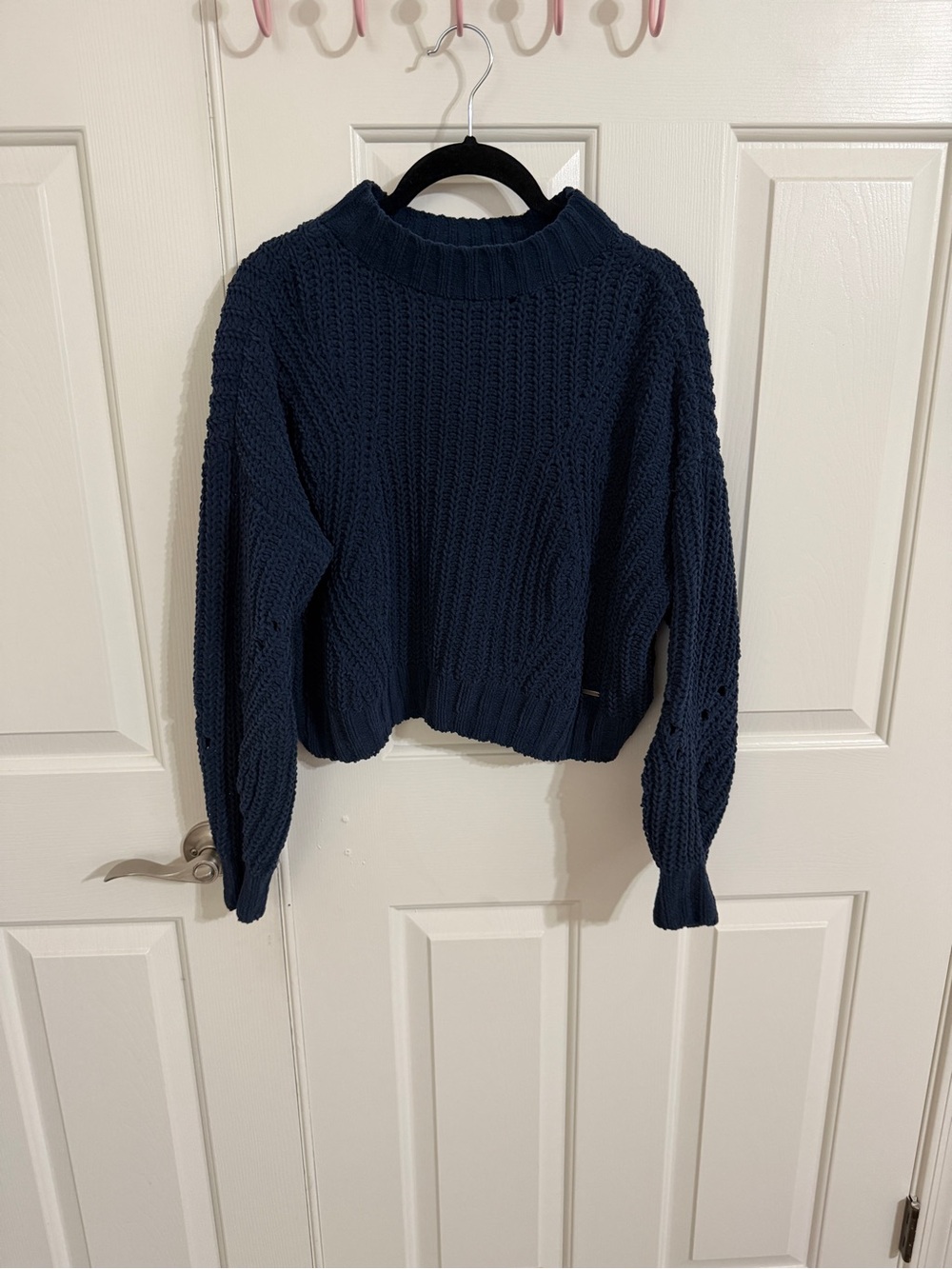Hollister S Navy Blue Cropped Chenille Mock Neck Sweater Pointelle Sleeves